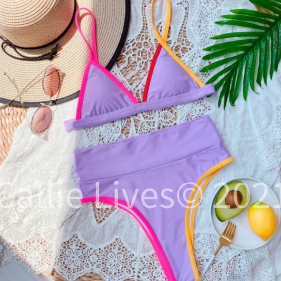 New! Clearance 🔥 Lavender Contrast High Waist Thong Bikini - Picture 3 of 6